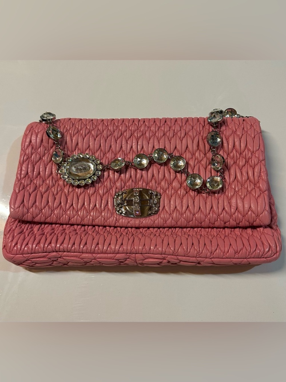 MIU MIU NAPPA Pink Crystal Handle Clutch/Shoulder Bag